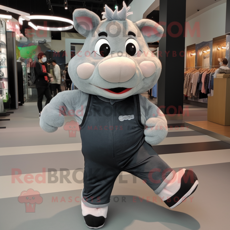 Gray Pig mascot costume character dressed with a Joggers and Suspenders