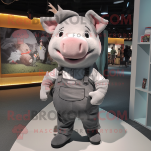 Gray Pig mascot costume character dressed with a Joggers and Suspenders