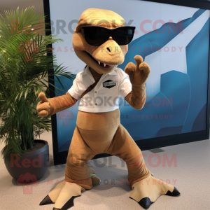Tan Utahraptor mascot costume character dressed with a Trousers and Sunglasses