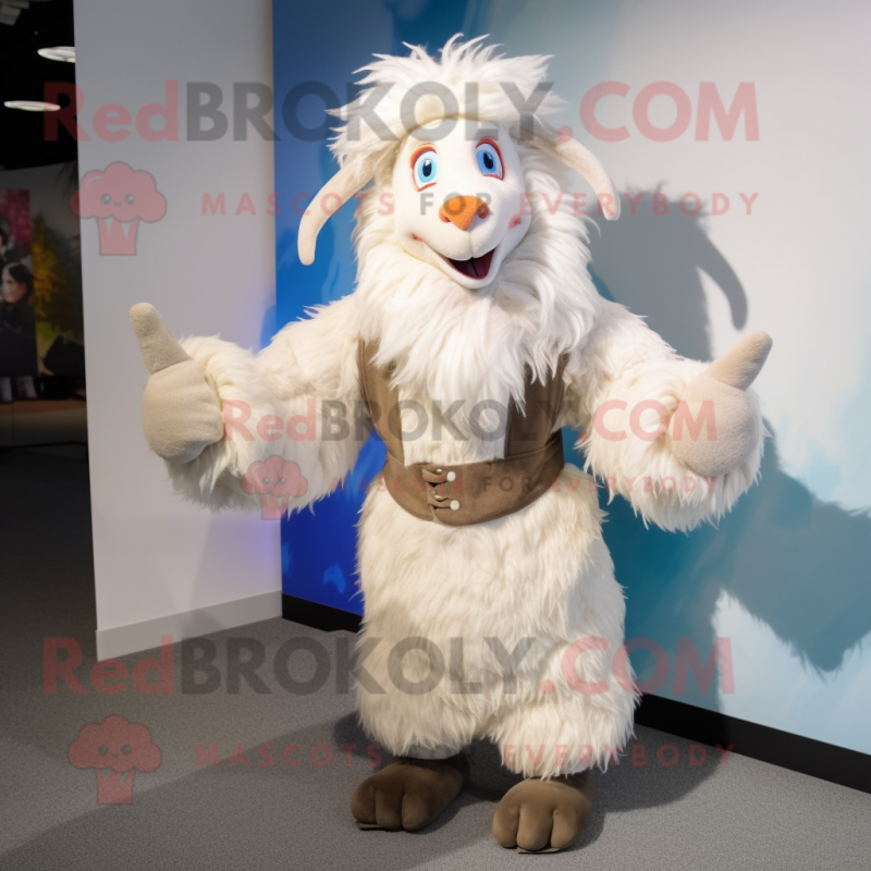 Cream Angora Goat mascot costume character dressed with a Vest and Shoe laces Cream Angora Goat mascot costume character dressed with a Vest and Shoe laces