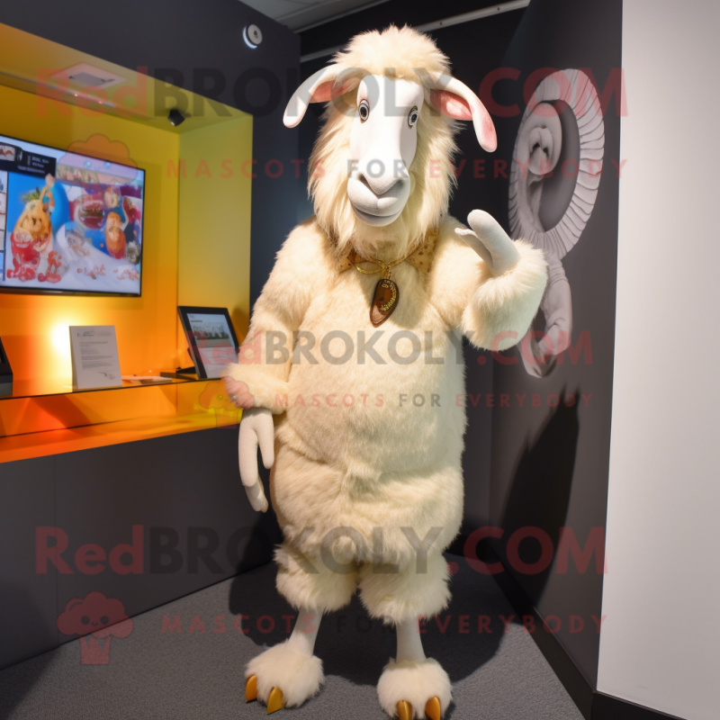 Cream Angora Goat mascot costume character dressed with a Vest and Shoe laces Cream Angora Goat mascot costume character dressed with a Vest and Shoe laces