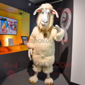 Cream Angora Goat mascot costume character dressed with a Vest and Shoe laces