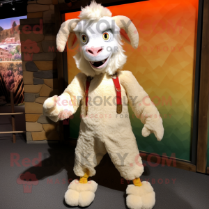 Cream Angora Goat mascot costume character dressed with a Vest and Shoe laces