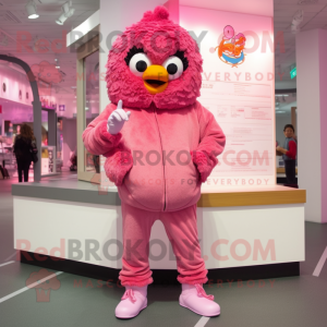 Pink Fried Chicken mascot costume character dressed with a Hoodie and Shoe laces