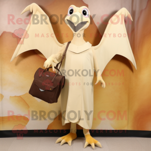 Cream Pterodactyl mascot costume character dressed with a Sheath Dress and Messenger bags