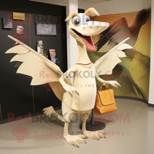 Cream Pterodactyl mascot costume character dressed with a Sheath Dress and Messenger bags