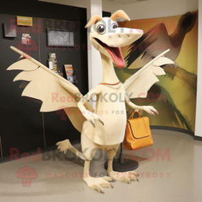 Cream Pterodactyl mascot costume character dressed with a Sheath Dress and Messenger bags