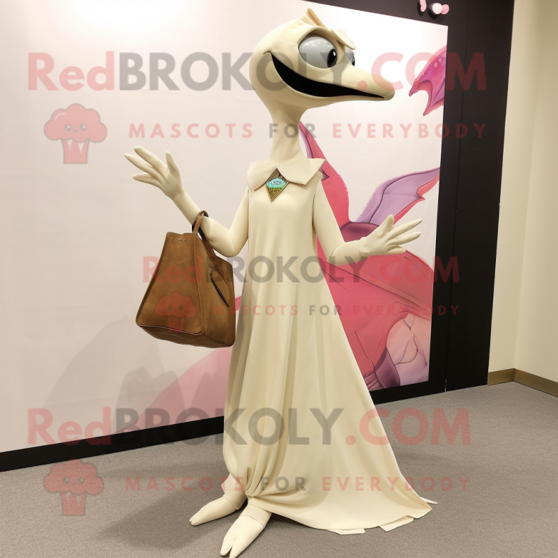 Cream Pterodactyl mascot costume character dressed with a Sheath Dress and Messenger bags