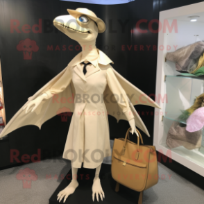 Cream Pterodactyl mascot costume character dressed with a Sheath Dress and Messenger bags