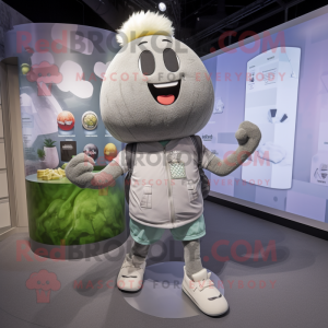 Gray Turnip mascot costume character dressed with a Bomber Jacket and Anklets