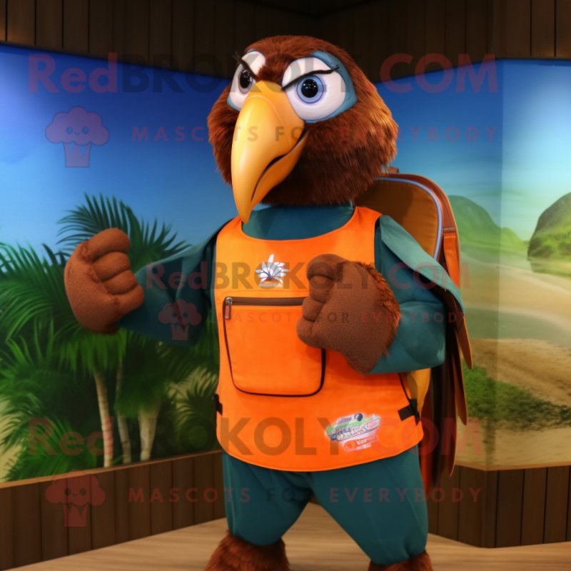 Brown Macaw mascot costume character dressed with a Rash Guard and Cummerbunds