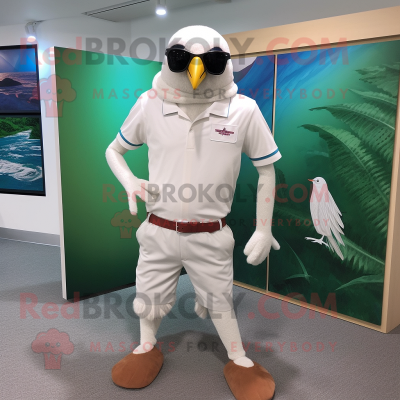 White Pheasant mascot costume character dressed with a Bermuda Shorts and Sunglasses White Pheasant mascot costume character dressed with a Bermuda Shorts and Sunglasses