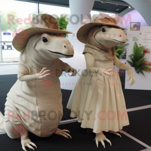 Beige Armadillo mascot costume character dressed with a Wedding Dress and Caps