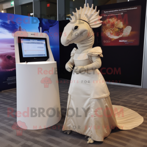 Beige Armadillo mascot costume character dressed with a Wedding Dress and Caps