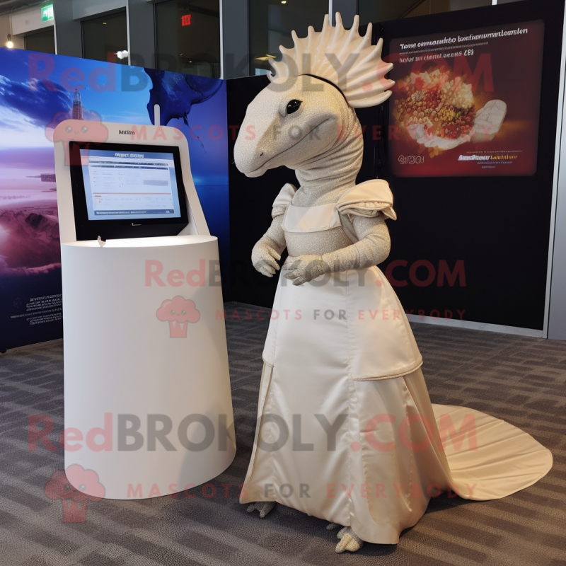 Beige Armadillo mascot costume character dressed with a Wedding Dress and Caps Beige Armadillo mascot costume character dressed with a Wedding Dress and Caps