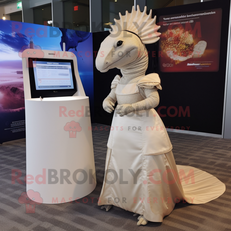 Beige Armadillo mascot costume character dressed with a Wedding Dress and Caps