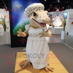 Beige Armadillo mascot costume character dressed with a Wedding Dress and Caps