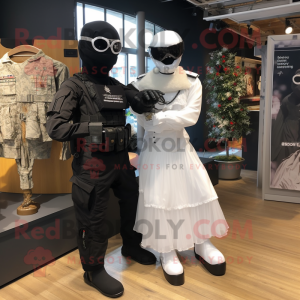 Black Para Commando mascot costume character dressed with a Wedding Dress and Ties