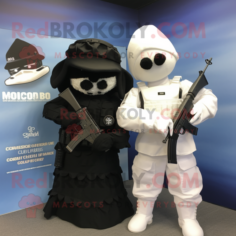 Black Para Commando mascot costume character dressed with a Wedding Dress and Ties Black Para Commando mascot costume character dressed with a Wedding Dress and Ties