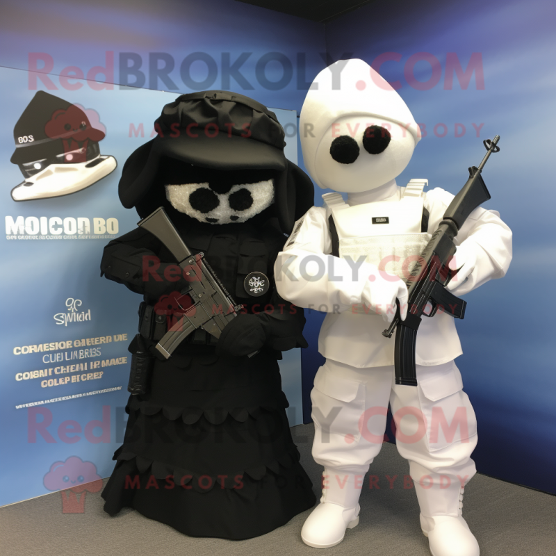 Black Para Commando mascot costume character dressed with a Wedding Dress and Ties