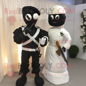 Black Para Commando mascot costume character dressed with a Wedding Dress and Ties