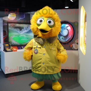 Yellow Peacock mascot costume character dressed with a Parka and Lapel pins