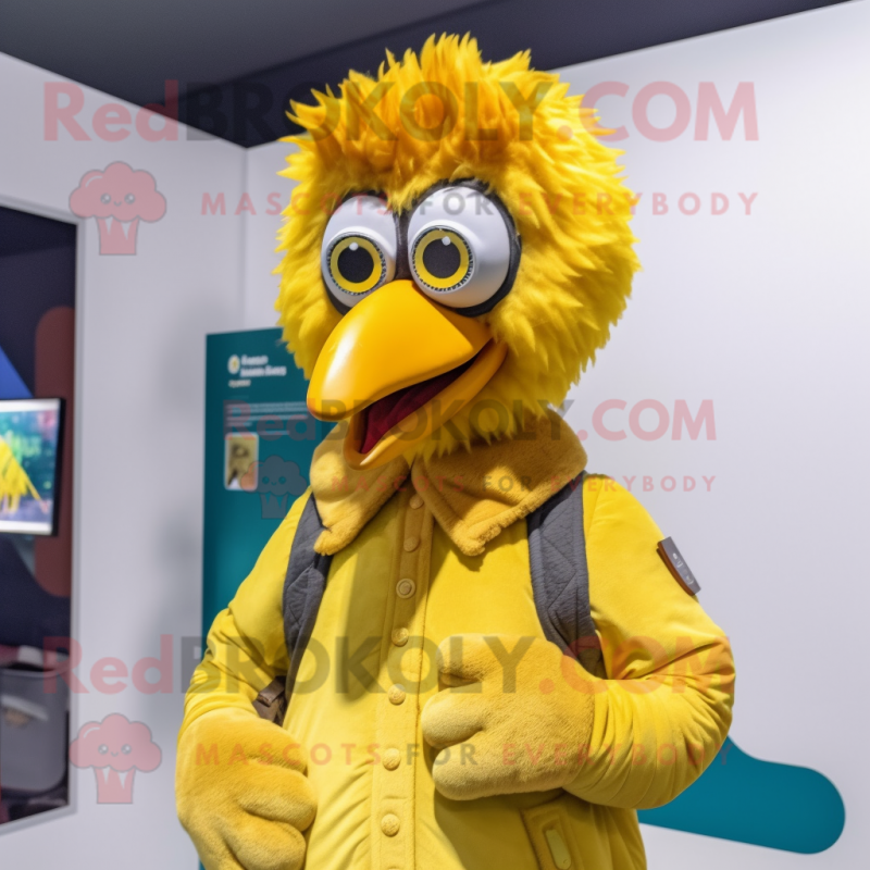 Yellow Peacock mascot costume character dressed with a Parka and Lapel pins Yellow Peacock mascot costume character dressed with a Parka and Lapel pins
