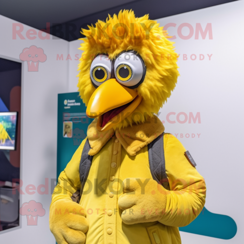 Yellow Peacock mascot costume character dressed with a Parka and Lapel pins