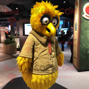 Yellow Peacock mascot costume character dressed with a Parka and Lapel pins