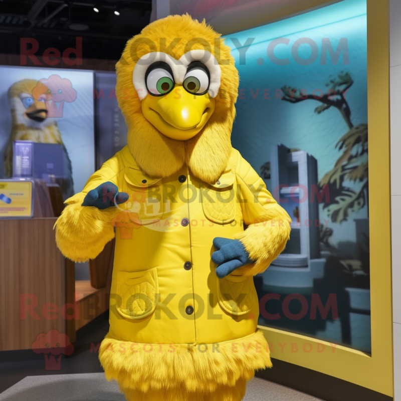 Yellow Peacock mascot costume character dressed with a Parka and Lapel pins