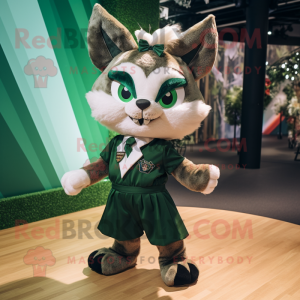 Forest Green Lynx mascot costume character dressed with a Mini Skirt and Bow ties