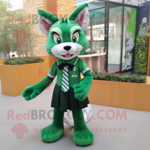 Forest Green Lynx mascot costume character dressed with a Mini Skirt and Bow ties