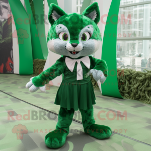 Forest Green Lynx mascot costume character dressed with a Mini Skirt and Bow ties