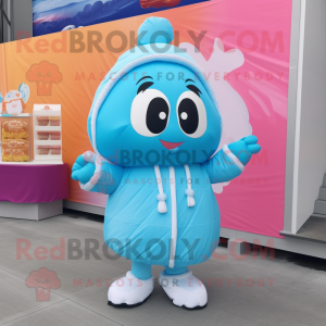 Sky Blue Candy mascot costume character dressed with a Windbreaker and Mittens