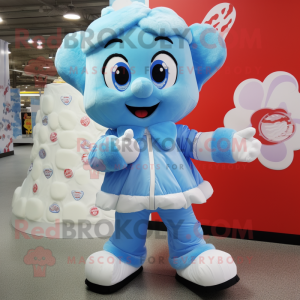Sky Blue Candy mascot costume character dressed with a Windbreaker and Mittens