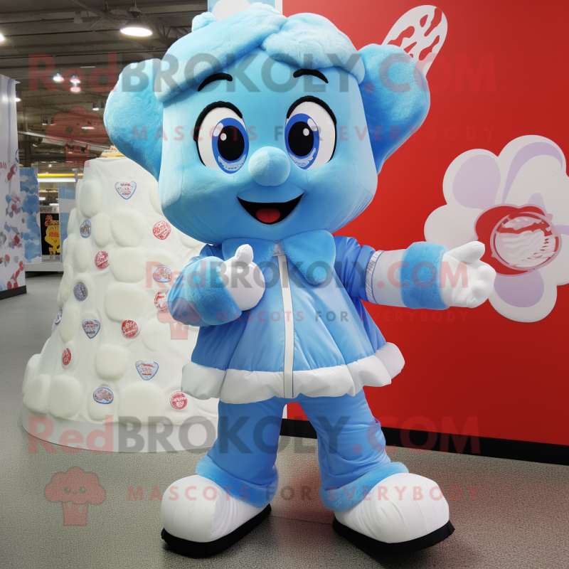 Sky Blue Candy mascot costume character dressed with a Windbreaker and Mittens