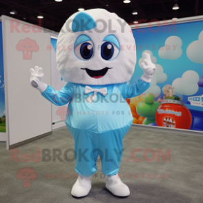 Sky Blue Candy mascot costume character dressed with a Windbreaker and Mittens