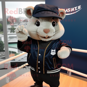 Navy Hamster mascot costume character dressed with a Leather Jacket and Beanies