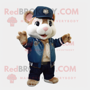 Navy Hamster mascot costume character dressed with a Leather Jacket and Beanies