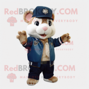 Navy Hamster mascot costume character dressed with a Leather Jacket and Beanies