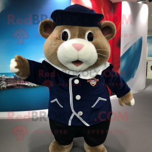 Navy Hamster mascot costume character dressed with a Leather Jacket and Beanies