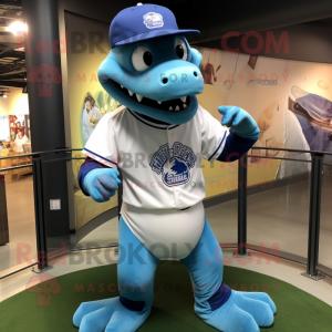 Blue Iguanodon mascot costume character dressed with a Baseball Tee and Bracelet watches