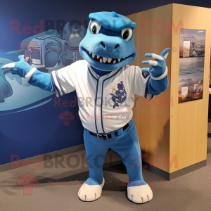 Blue Iguanodon mascot costume character dressed with a Baseball Tee and Bracelet watches