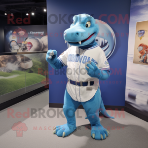 Blue Iguanodon mascot costume character dressed with a Baseball Tee and Bracelet watches