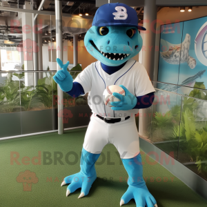 Blue Iguanodon mascot costume character dressed with a Baseball Tee and Bracelet watches