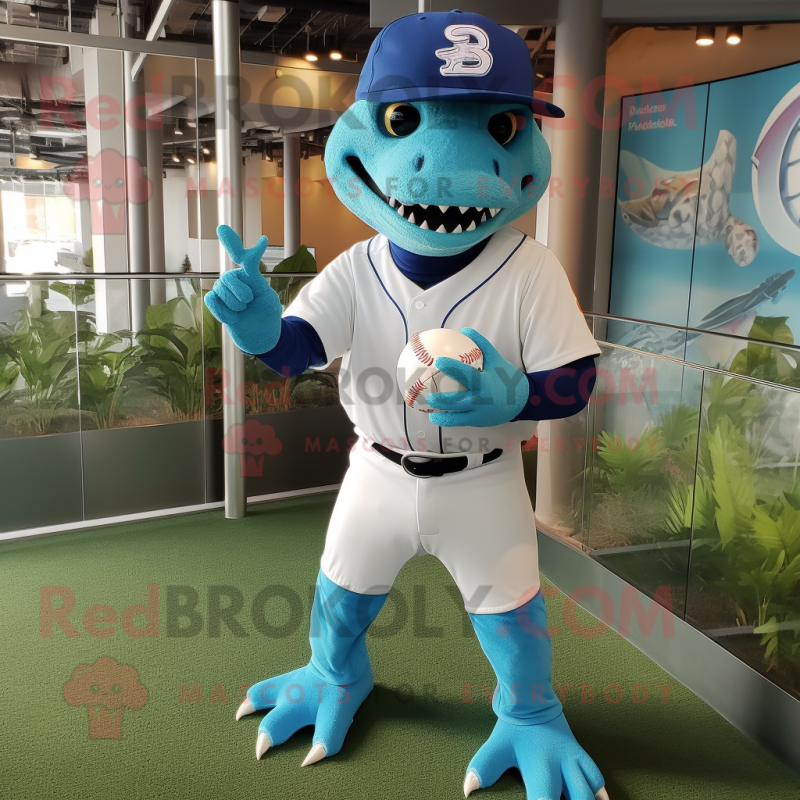 Blue Iguanodon mascot costume character dressed with a Baseball Tee and Bracelet watches