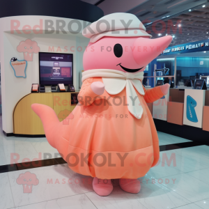 Peach Whale mascot costume character dressed with a Empire Waist Dress and Coin purses