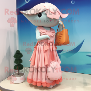 Peach Whale mascot costume character dressed with a Empire Waist Dress and Coin purses