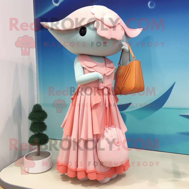 Peach Whale mascot costume character dressed with a Empire Waist Dress and Coin purses Peach Whale mascot costume character dressed with a Empire Waist Dress and Coin purses
