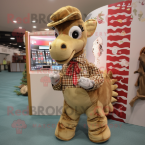 Beige Seahorse mascot costume character dressed with a Flannel Shirt and Coin purses